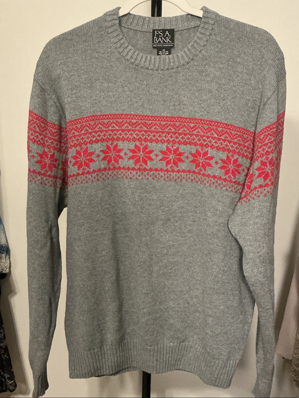 Jos. A. Bank Grey Crewneck Sweater with Red Fair Isle Snowflake Pattern Band
